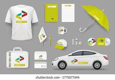 Business identity items. Corporate branding souvenir stationery office tools vector collection