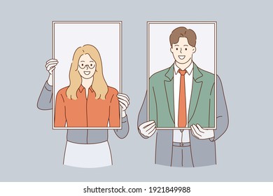 Business identity, self portraits concept. Woman and man business people cartoon characters standing and holding self portraits with smiles in hands together illustration 