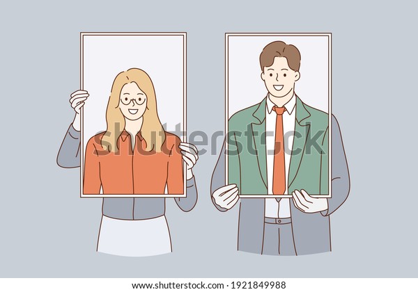 Business identity, self\
portraits concept. Woman and man business people cartoon characters\
standing and holding self portraits with smiles in hands together\
illustration 