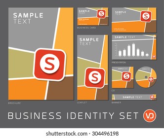 Business identity set in gray, yellow, green, orange and brown with white lines and red square