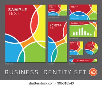 Business identity set in gray, yellow, green, orange and brown with white lines and red square
