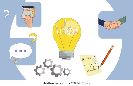 Business ides light bulb teamwork concept line art illustration. Vector design graphic element. Creative yellow bulb vector illustration.