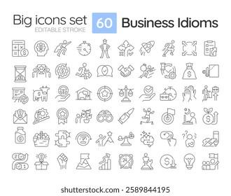 Business idioms linear icons set. Goal achieving. Team work, partnership. Corporate structure, company. Customizable thin line symbols. Isolated vector outline illustrations. Editable stroke