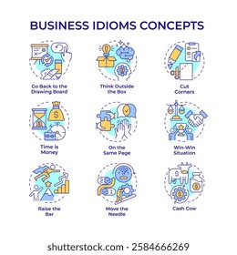 Business idioms multi color concept icons. Workflow organization. Teamwork management. Icon pack. Vector images. Round shape illustrations for infographic, presentation. Abstract idea