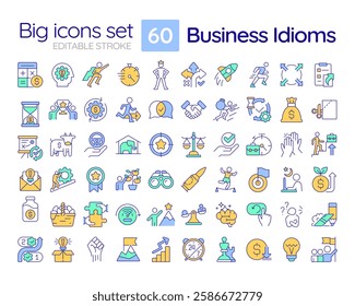 Business idioms RGB color icons set. Teamwork organization, leadership. Planning, strategy. Finance, economics. Isolated vector illustrations. Simple filled line drawings collection. Editable stroke