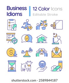 Business idioms RGB color icons set. Team work organization, achievement. Problem solving, economics. Isolated vector illustrations. Simple filled line drawings collection. Editable stroke