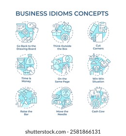 Business idioms soft blue concept icons. Workflow organization. Teamwork management. Icon pack. Vector images. Round shape illustrations for infographic, presentation. Abstract idea