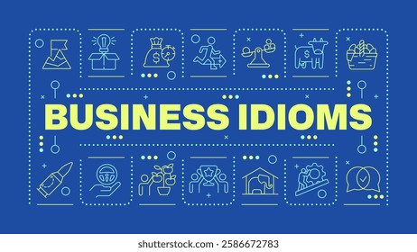 Business idioms teal word concept. Leadership, partnership. Team work organization. Horizontal vector image. Headline text surrounded by editable outline icons