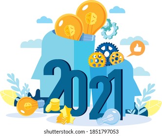 Business illustration 2021. Heads full of new ideas. Abstract heads with ideas and gears. The generation of ideas.