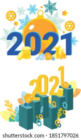 Business illustration 2021. New year's theme. In the new year with new achievements. Growing schedule. Big yellow Christmas tree toy.