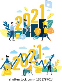 Business illustration 2021, path to success in the new year, career growth, goal achievable, growth schedule.