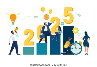 Business illustration 2025 the way to success in the new year. Career growth, the goal is achievable, the graph of financial growth. Happy New Year 2025. Businessmen, ethnic, people. African Americans