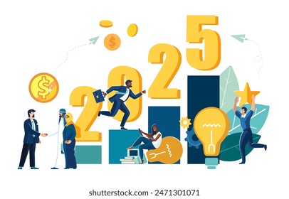 Business illustration. 2025 the way to success in the new year. Career growth, goal is achievable, finances. Happy New Year 2025. Businessmen, ethnic, people. African Americans Arab sheikh. Dubai. UAE