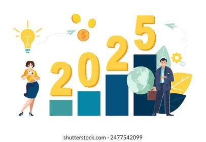 Business illustration 2025. The way to success in the new year. Career growth, idea is achievable, growth chat greetings. Happy New Year 2025. Businessmen, girl congratulating on the holiday, leaflet