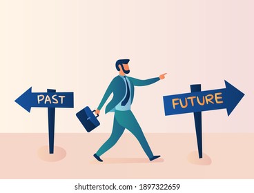 Business illustration, alternative concept, past, and future. Businessmen confidently choose to move forward to the future