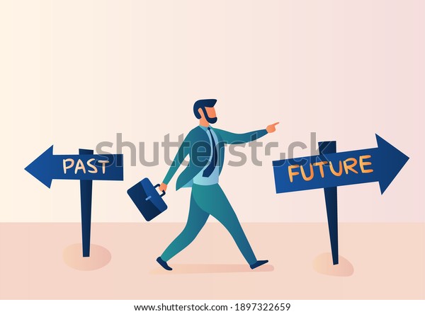 Business\
illustration, alternative concept, past, and future. Businessmen\
confidently choose to move forward to the\
future