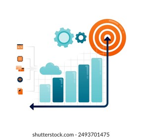 Business illustration of bar chart rising and hitting aim for sales and financial targets achieved. Can be used for landing pages, websites, mobile apps, posters, flyers