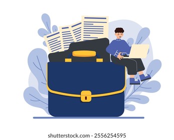Business Illustration, Briefcase with Documents, Flat Vector Illustration.
