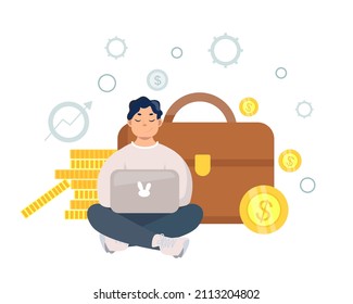 Business illustration. A briefcase and stacks of gold coins next to a man. The concept of investing money. Financial literacy, investments. Online bank. Vector illustration in cartoon style