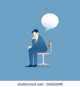 Business illustration of businessman character sitting in an office chair and thinking. Business template with space for text