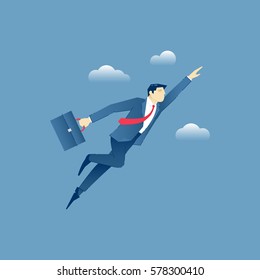 Business illustration of businessman character in business suit and with briefcase fliying through the sky as superhero. Vector concept for banners, infographics or landing pages of website