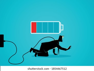 Business illustration of a businessman crawling on the floor with low battery indicator. Tired, low energy, weak concept