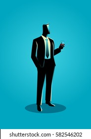 Business illustration of a businessman in formal suit standing with his left hand holding a glass of wine