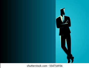 Business illustration of a businessman leaning at black blank space for copy with arm crossed