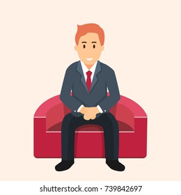 Business Illustration of Businessman sitting on red Sofa and waiting. Concept of job search difficulties. Vector Flat Graphic Design
