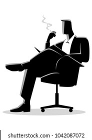 Business illustration of a businessman sitting and reading on a chair while smoking cigarette