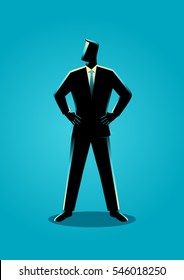 Business illustration of a businessman standing with both hand around waist