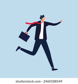 Business illustration of a businessman in suit holding a briefcase and running. Vector concept for banners, infographics or landing pages of website