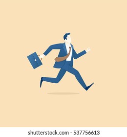 Business illustration of a businessman in suit holding a briefcase and running. Vector concept for banners, infographics or landing pages of website