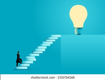 Business illustration of a businessman with suitcase going up the stairs made from books leading up to a light bulb. Education, solution, knowledge for success concept