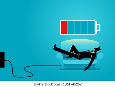 Business illustration of a businessman taking a nap on sofa. Laying, relaxing, recharge, resting concept