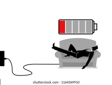 Business illustration of a businessman taking a nap on sofa. Laying, relaxing, recharge, resting concept