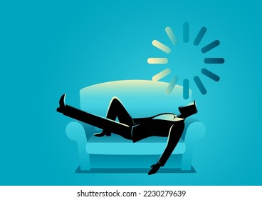 Business illustration of a businessman taking a nap on sofa with loading icon on his head, resting, lagging concept