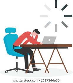 Business illustration of a businessman taking a nap on sofa with loading icon on his head, resting, lagging concept

