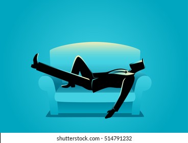 Ilustración empresarial de un hombre de negocios tomando una siesta en el sofá. Concepto de relajación, recarga, descanso