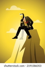 Business illustration of a businessman thinking on the rock for solution