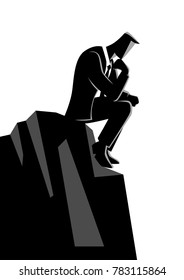 Business illustration of a businessman thinking on the rock for solution