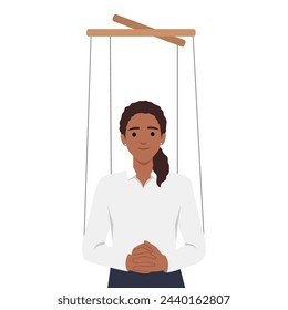 Business illustration of a businesswoman being controlled by puppet master. Flat vector illustration isolated on white background