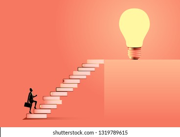 Business illustration of a businesswoman with suitcase going up the stairs made from books leading up to a light bulb. Education, solution, knowledge for success concept