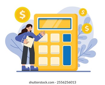 Business Illustration, Calculator with Financial Figures and Coins, Flat Vector Illustration.