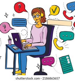 Business illustration. Call center operator. Girl at work at the computer. Employee in office. Student on the computer.