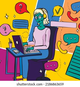 Business illustration. Call center operator. Girl at work at the computer. Employee in office. Student on the computer.