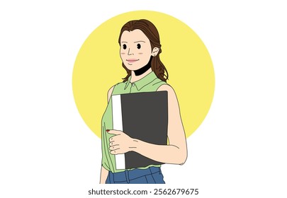 Business illustration, career woman and company concept. businesswoman and broker with folder in office carrying a document.