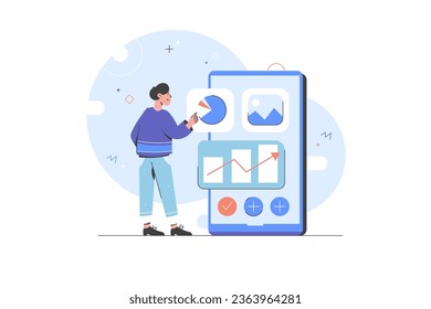 Business illustration. Character prototyping and testing startup ideas and analyzing marketing data. Business activities concept vector