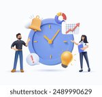 Business illustration. Characters planning and organizing schedule, work task and time management strategy to increase productivity 3D style. Self management and multitasking concept. 3D illustration