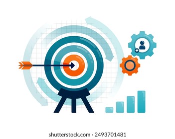 Business illustration of circulating targets and arrows aiming at financial and sales achievements. Can be used for landing web, promotion, ads, websites, apps, poster